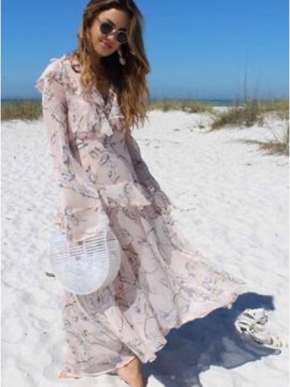Sheer Floral Ruffle Midi Dress in Blush Pink